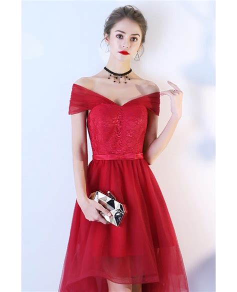 Red High Low Tulle Homecoming Party Dress Off Shoulder Bls86005