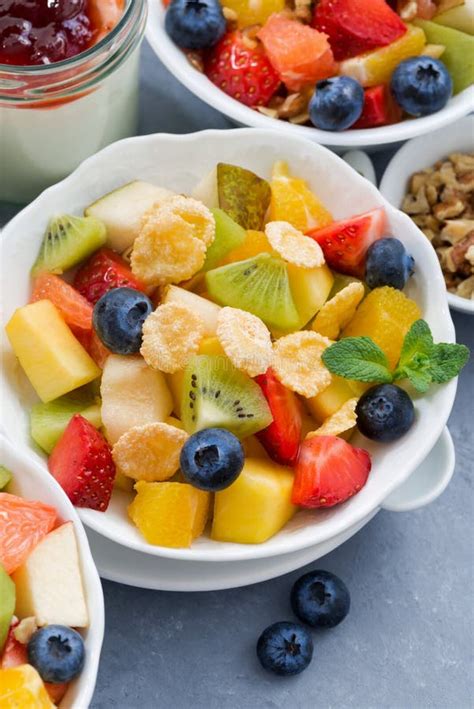 Healthy Breakfast With Fresh Fruit Salad Vertical Closeup Stock Image