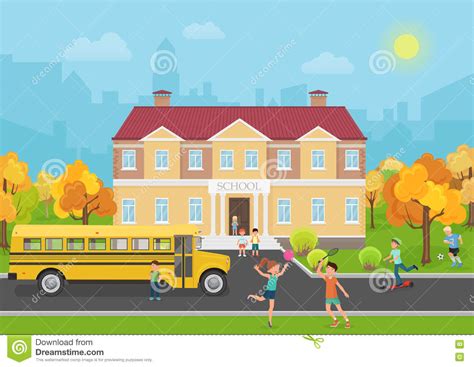 School Building With Children In Yard And Yellow Bus Front School And