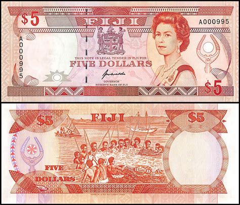 Fiji 5 Dollars Banknote 1992 P 93a Unc Queen Elizabeth Ii
