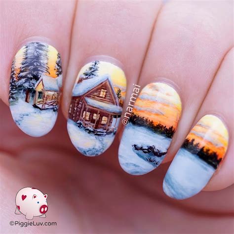 Piggieluv Freehand Winter Cabin Landscape Nail Art