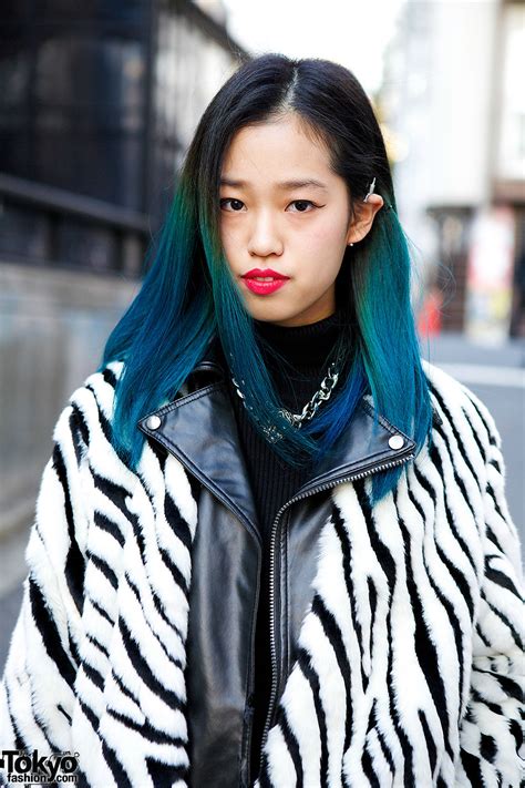 Blue Ombre Hair Zebra Print Jacket Clutch And Ripped Jeans
