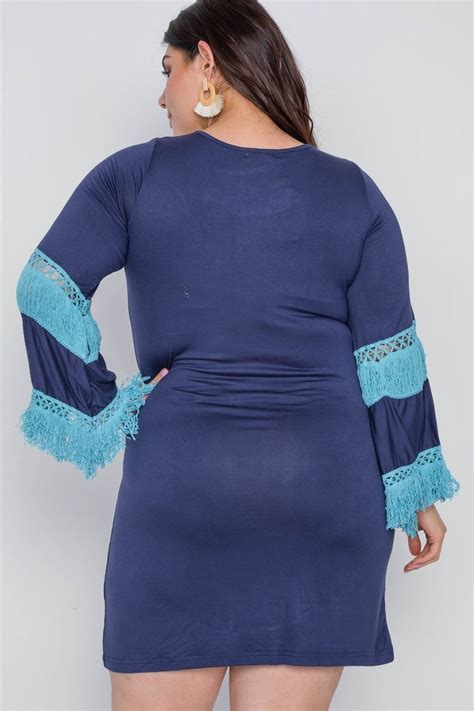 Boho Navy Plus Size Contrast Crochet Mini Dress Slimming Mini Dresses