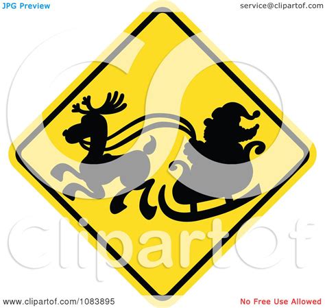 Clipart Silhouetted Santa And Sleigh On A Yellow Crossing Warning Sign