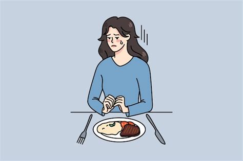 Premium Vector Unhappy Young Woman Sit At Table With Food Struggle With Eating Disorder Upset