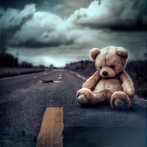 premium photo an abandoned teddy bear lying on a road apocalyptic dark atmosphere