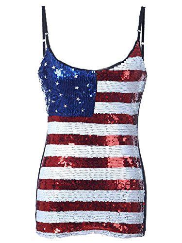 Anna Kaci Womens Patriotic American Usa Flag Sequin Cami Shirt Blouse