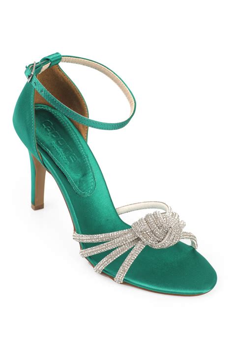 Capone Mid Heel Crystal Embellished Band Satin Women Dark Green Sandals