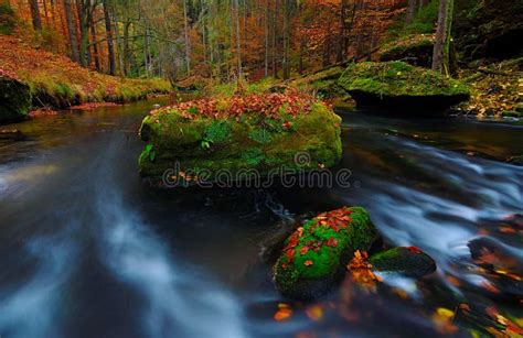 Fall Mountain River Big Mossy Sandstone Boulders Lay In Water Stock