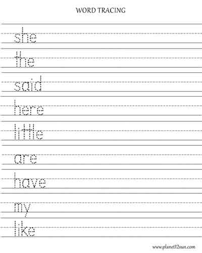 Kindergarten Spelling Words Tracing Printables