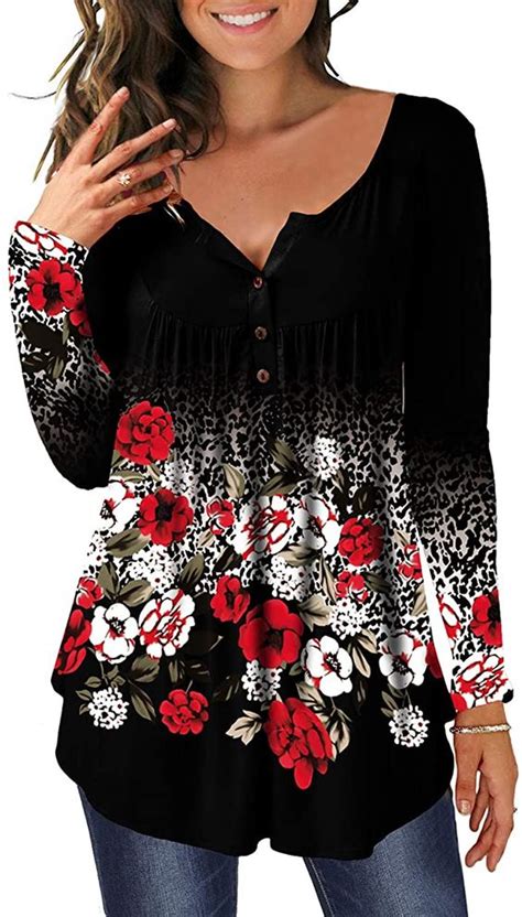 Mayamang Womens Floral Tunic Tops Long Sleeve Henley V Neck Buttons Up