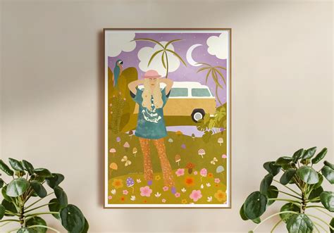 Hippie Girl Art Print A4 A3 Plant Lover Vw T1 70s Etsy