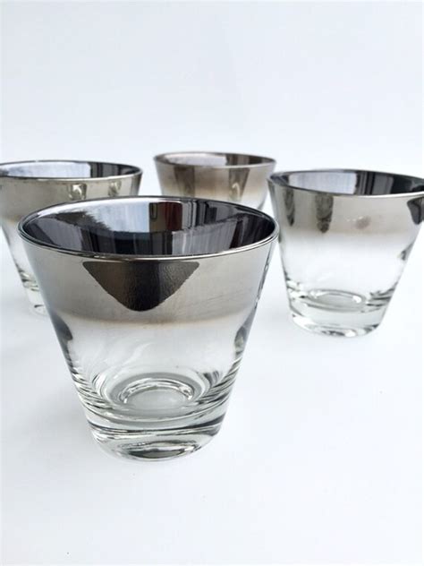 4 vintage silver rim rocks glasses whiskey glasses mid century
