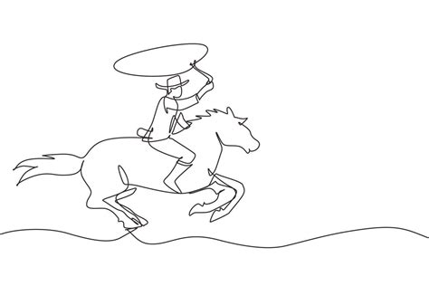 Continuous One Line Drawing Cowboy On Horse Galloping Across Desert