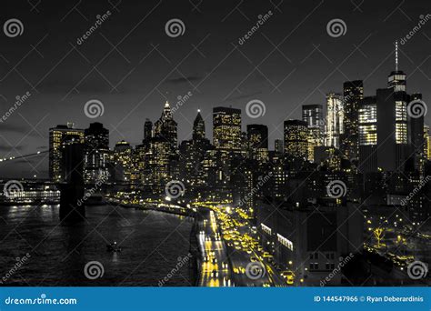 New York City Black And White Night Skyline With Golden Yellow Lights
