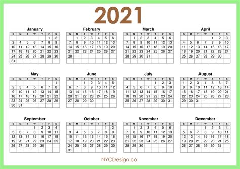 Create your own monthly calendar with holidays and events. 2021 Calendar Printable Free, Horizontal, Light Green, HD - Sunday Start - NYCDesign.co ...