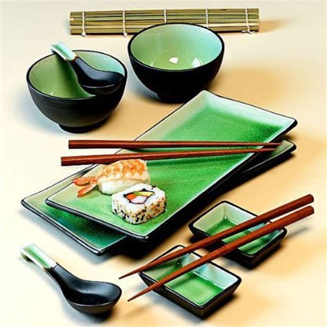 11 Piece Green Japanese Dinnerware Set W Sushi Mat Green Japanese