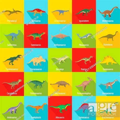Dinosaur Types Signed Name Icons Set Flat Illustration Of 25 Dinosaur