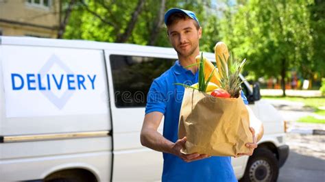 Delivery Company Worker Holding Grocery Bag Food Order Supermarket