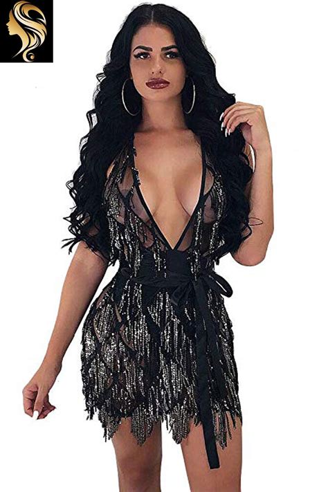 L Vow Women S Glitter Sexy Deep V Neck Sequin Beaded Halter Bodycon Mini Nightclub Party Dress