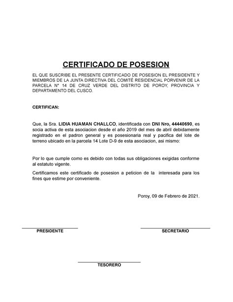 Certificado De Posesion Certificado De Posesion El Que Suscribe El