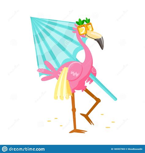Cute Cartoon Pink Flamingo In Funny Sunglasses With Towel And Umbrella