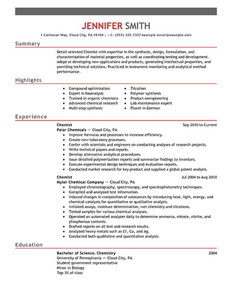Don't cram it with gimmicky graphics. Best Chemist Resume Example | LiveCareer