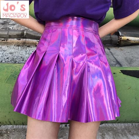 Holographic Pleated Skirts Women Pu Solid Harajuku Casual Sexy Laser Hight Waist Mini Short