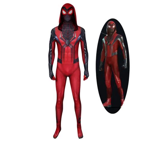 Spider Man Ps5 Miles Morales Crimson Cowl Suit Costume Cosplay Bodysuit