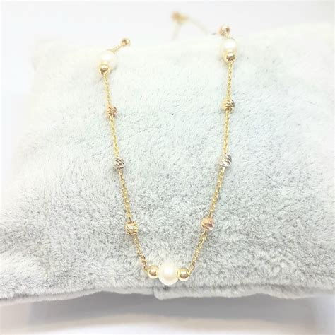 K Real Solid Gold Beaded Pearls And Italian Balls Pendant Necklace