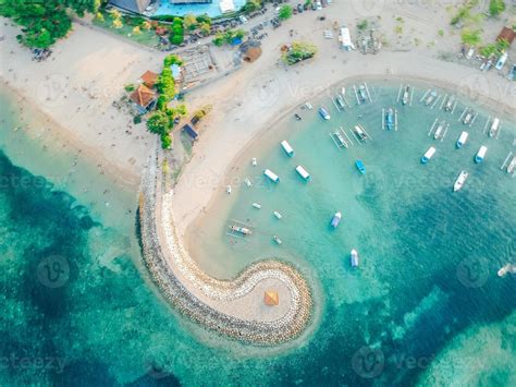 Aerial Drone View Of Ocean Boats Beach Shore In Sanur Beach Bali