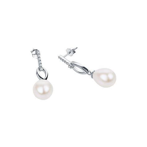 9mm White Drop Fw Pearl Hanging From Sterling Silver Cz Earring