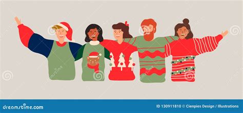 Diverse Friend Group Banner For Christmas Party Stock Vector