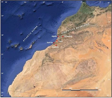 Cap des trois fourches), a rocky peninsula that extends approximately 25 miles (40 km) into the mediterranean sea. Agadir's location in the Morocco (Map by Google Earth ...