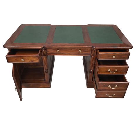 Solid Mahogany Wood Partners Desk With Large Drawers Genuine Leather