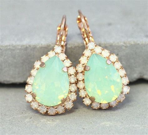Mint Opal Earrings Mint Crystal Earrings Mint Drop Swarovski Earrings