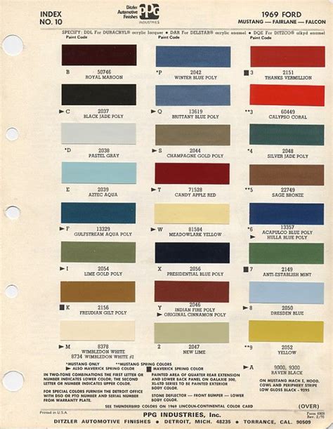 1969 Ford Mustang Color Chart With Paint Mixing Codes Car Paint