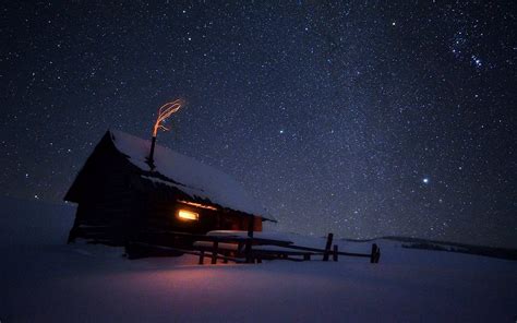 Winter Night House Snow Stars Sparks Frost Wallpapers Hd