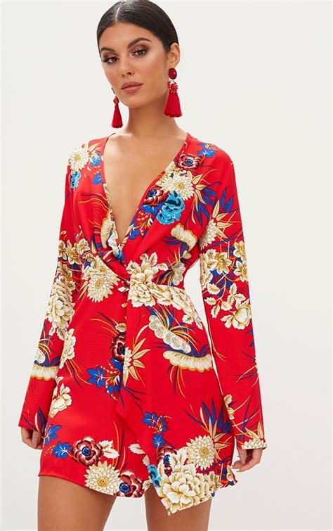 Red Floral Long Sleeve Wrap Dress In 2020 Wrap Dress Floral Red