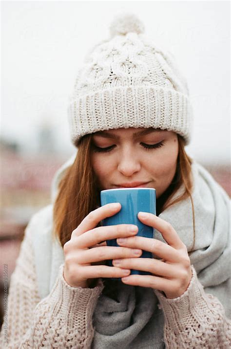 Woman Enjoying A Cup Of Hot Chocolate By Lyuba Burakova Enjoy Smell