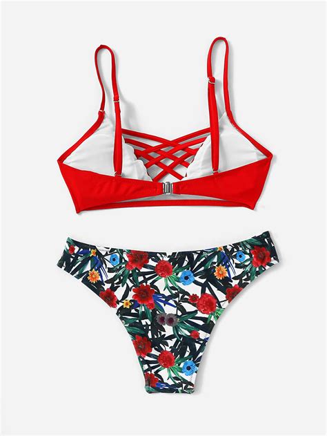 Floral Print Crisscross Bikini Set Shein Sheinside