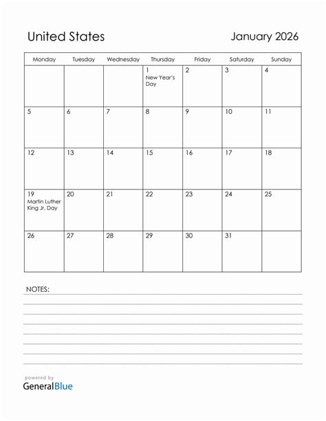 January 2026 United States Calendar With Holidays
