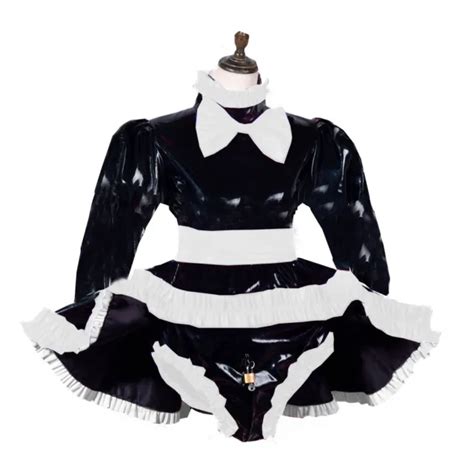 French Maid Sissy Girl Black Pvc Lockable Dress Cosplay Costume Tailor