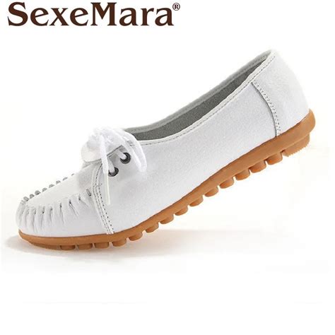 Sexemara Size Eu35 40 Women Genuine Leather White Flats Woman Soft