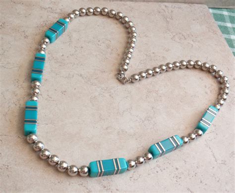 Turquoise Bead Necklace Silver Beads Chunky Blue 30 Inch Vintage