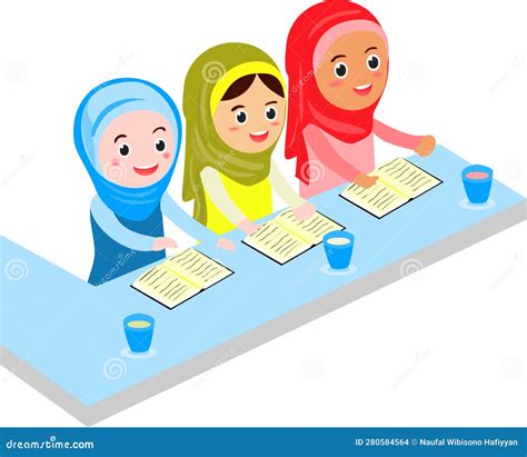 Illustration Of Muslim Kids Wearing Hijab And Taqiyah Reading A Book