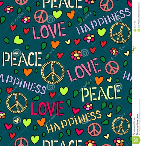 Seamless Pattern With Symbols Of The Hippie Love And Peace Color