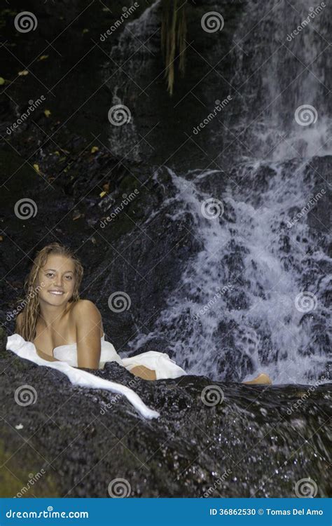 Girl In A Tropical Waterfall Stock Photo Image Of Beautiful Hawaii