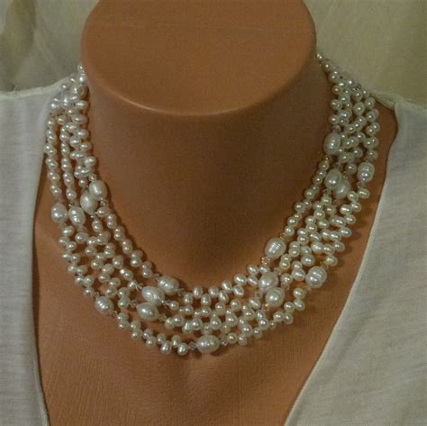 Freshwater Pearls And Swarovski Crystals Four Strand Necklace Etsy