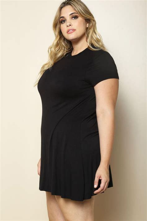 a minimally cool plus size mini dress featuring a solid t shirt styling that is always in style